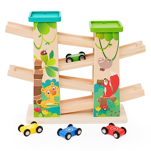 Kugelbahn Autos Holz ab 1 Jahr, Auto Rennbahn Holz Spielzeug, Holz Kinderspielzeug 1 2 Jahre Jungen mit 4 Miniautos und 2 Parkplätzen von Forroby