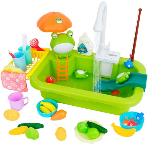 2-in-1-Küchenspüle Spielzeug Set, Spülbecken Spielzeug Set mit Angelspiel und Küchenzubehör, Küchenspielzeug mit um 90° drehbarem Umlaufauslaufhahn, Rollenspiel-Spielzeug für Kleinkinder von Forroby