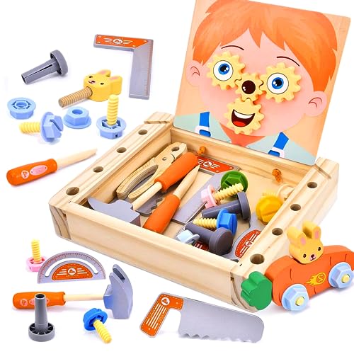 Werkzeugkoffer Kinder Holz-Werkzeugkasten-Spielzeug Tragbares Montessori-Spielzeug 2 jahre mit Aufbewahrungsbox und Zahnrädern Holzspielzeug für Jungen und Mädchen ab 2 3 4 5 6 Jahre Alte(27STK) von Forroby