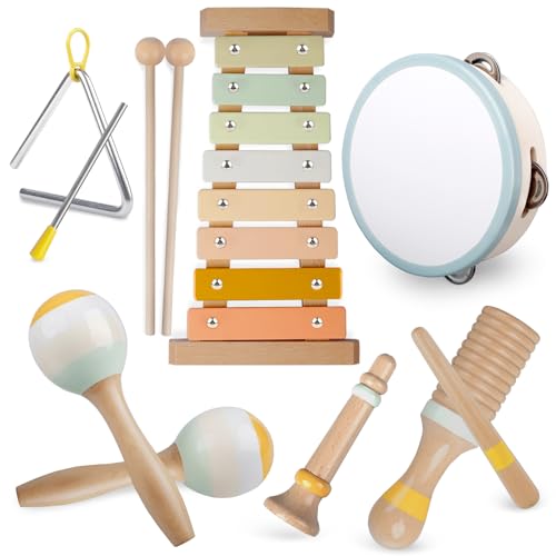 Fortand Musikinstrumente für Kinder, Musik Holzspielzeug ab 3 Jahre Kinderspielzeug Trommel Maracas Triangel Xylophon für Kinder Montessori Spielzeug Holz Percussion Set für Musikalische Früherziehung von Fortand