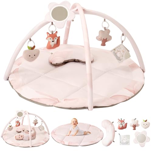Fortella Spielbogen Baby, Spielmatte mit Bauchzeit Kissen und 5 Sensorik Spielzeug Abnehmbarem,Naturthemen Krabbeldecke für Babys ab der Geburt, Neugeborene & Kinder, 0-6-9-12 Monate-Rosa von Fortella