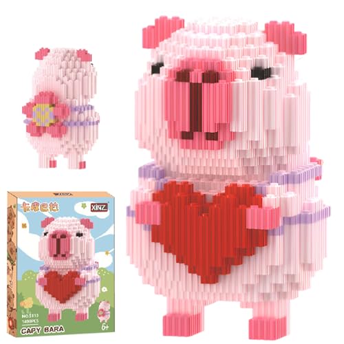 Fortivae Mini Bausteine Tiere, 1498 Pcs Rosa Capybara Herz Mikro Bausteine Spielzeug Kit, Capybara Mini Tier Bricks Bauen Bauklötze Satz, Geschenke Kinder 12+ Jahre Mädchen und Jungen von Fortivae