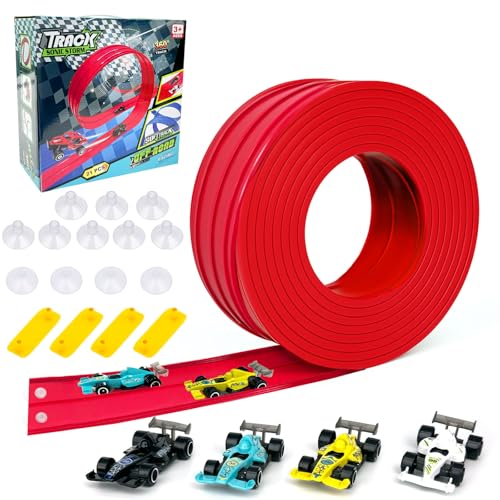 Rennbahn Set für Kleinkinder, Autorennbahn 4M Inklusive 4 Pcs Autos, Spielzeug Auto Rennstrecke mit Rennautos und 12 Pcs Saugnäpfen, Geschenke für Kinder 3 4 5 6 Jahre alt Jungen Mädchen Rot Rennbahn Set für Kleinkinder, Autorennbahn 4M Inklusive 4 Pcs Autos, Spielzeug Auto Rennstrecke mit Rennautos und 12 Pcs Saugnäpfen, Geschenke für Kinder 3 4 5 6 Jahre alt Jungen Mädchen Rot von Fortivae