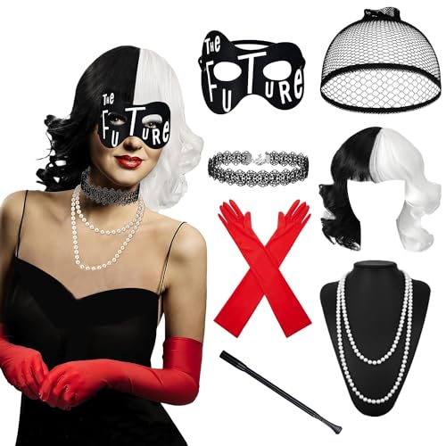 Fosoloni Cruella Kostüm Damen, Schwarz und Weiß Perücke mit Pony, 70er Jahre Accessoire, Handschuhe, Halskette, Spitze Maske, Perückenmütze für Karneval Cosplay Fancy Dress (8PCS) von Fosoloni