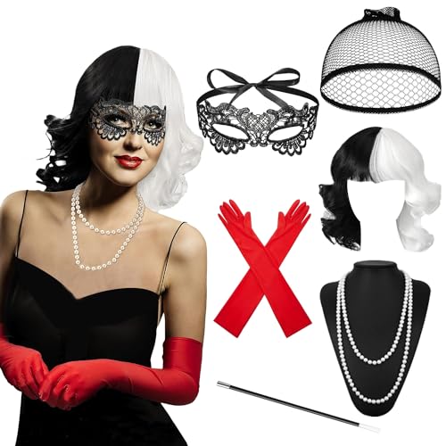 Fosoloni Cruella Kostüm Damen, Schwarz und Weiß Perücke mit Pony, 70er Jahre Accessoire, Handschuhe, Halskette, Spitze Maske, Perückenmütze für Karneval Cosplay Fancy Dress (7PCS) von Fosoloni