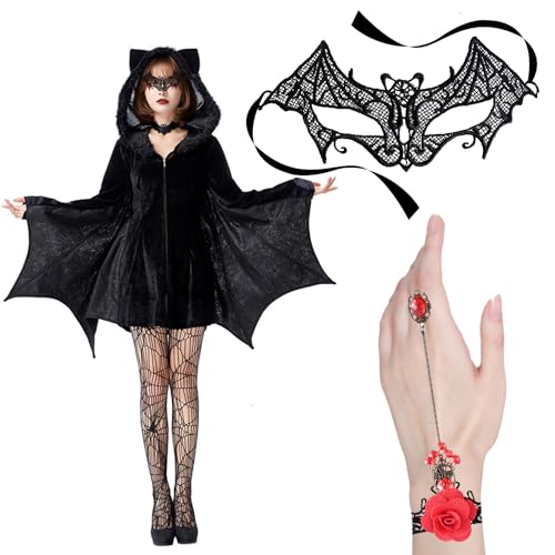 Fosoloni Halloween Frauen Kostüme Schwarze Fledermaus, Halloween Fledermaus Kostüm karneval kostüm damen, Geeignet für Halloween, karneval, Cosplay Costume (2XL) von Fosoloni