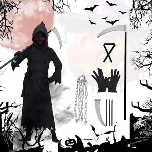 Fosoloni Halloween Sensenmann Kostüm für Kinder Jungen,Kinder Sensenmann Kostüm Set mit Leuchtenden Augen,Handschuhen,Umhang mit Kapuze und Metallkette,für Ihre Halloween-Party,Cosplay,Maskerade Fosoloni Halloween Sensenmann Kostüm für Kinder Jungen,Kinder Sensenmann Kostüm Set mit Leuchtenden Augen,Handschuhen,Umhang mit Kapuze und Metallkette,für Ihre Halloween-Party,Cosplay,Maskerade von Fosoloni