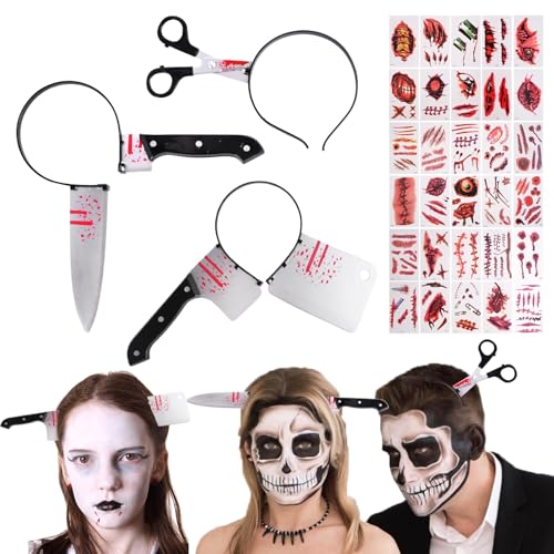Fosoloni Halloween Accessoires - 4 Stück Machete Headband, Schere Scheide, Gruseliger Kopfschmuck für Erwachsene Damen - Halloween Karneval Pranks von Fosoloni