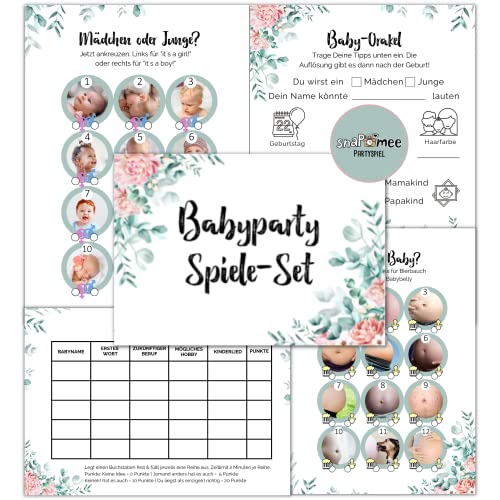 Babyparty Spiele 4er Set by snaPmee - 15x Ratekarten & Stadt Land Baby - Geschenk Schwangerschaft mit Junge oder Mädchen von Fotospiel