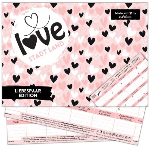 Stadt Land Love by snaPmee - Spiel für Paare - Paarspiel Alternative zu Losbox & Gutscheinen - Geschenk Valentinstag, Geburtstag, Jahrestag - 50 Blatt Din-A4 von Fotospiel