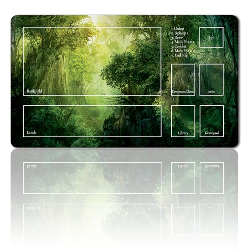 Brettspiel MTG Spielmatten+Kostenlose wasserdichte Tasche,TCG Card Game Table Mat Größe 60X35CM Mouse Pad Kompatibel Mit MTG TCG (Green-Mana-Forest-with Zone) von Four leaves