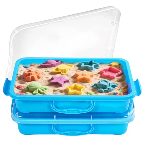 2 Stück Sandkasten Sensory Bin mit Deckel und Griff, Play Sand mit Sensory Bin Spielzeug für Kinder, Portable Sensory Sandbox Container für Kinder, Kunststoff Aktivität Tray für Kleinkinder (Blau) von Fouvin