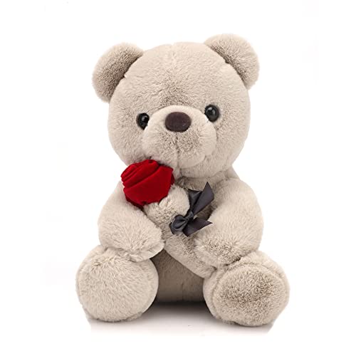 Teddybär, Plüsch-Bär, Teddy mit Rose, 23 cm Teddybären Rose Stofftier Spielzeug Dekozimmer Kissen, Plüschtier Kuscheltier Schmusetier Geschenke für Mama, Kinder Mädchen, Geburtstag, Valentinstag von Fouvin