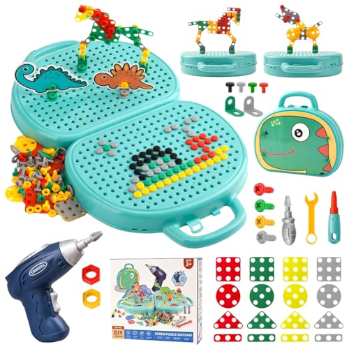 Montessori Werkzeugkoffer, 223 Stück Magische Montessori Spielzeugkiste Mit Bohrmaschine Montessori Spielzeug ab 3 Jahre, 3D Puzzle Mosaik Toy Creativity Tool Box with Drill für Kinder von 3-12 Jahren von Fouvin