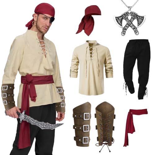 Mittelalter Kleidung Herren Set, Piratenhemd Herren Set Herren Renaissance Kostüm Set mit Herren Mittelalterliches Piratenhemd, Mittelalter Hose mit Knöchelriemen, Gürtel, Handgelenkschützer (XXL) Mittelalter Kleidung Herren Set, Piratenhemd Herren Set Herren Renaissance Kostüm Set mit Herren Mittelalterliches Piratenhemd, Mittelalter Hose mit Knöchelriemen, Gürtel, Handgelenkschützer (XXL) von Fouvin