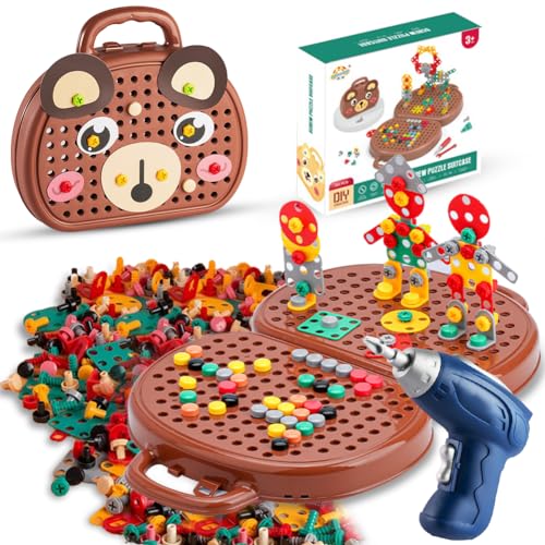 Magic Montessori Play Toolbox, Montessori Spielzeugkiste Steckspiel Mit Bohrmaschine Montessori Spielzeug ab 3 Jahre, 3D Puzzle Mosaik Montessori Werkzeugkoffer Taufgeschenke für Jungen Mädchen, Bär von Fouvin
