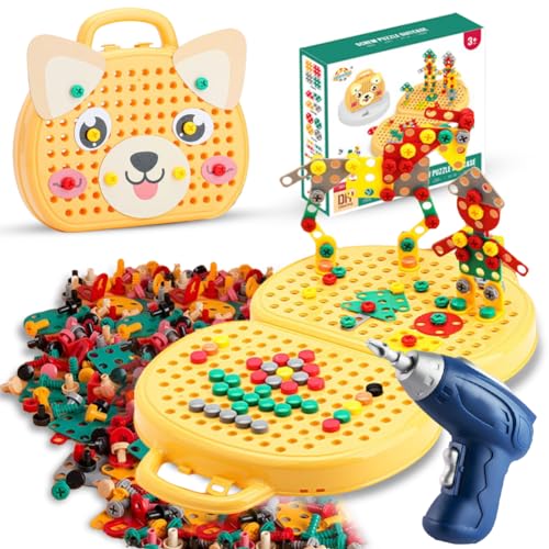 Magic Montessori Play Toolbox, Montessori Spielzeugkiste Steckspiel Mit Bohrmaschine Montessori Spielzeug ab 3 Jahre, 3D Puzzle Mosaik Montessori Werkzeugkoffer Taufgeschenke für Jungen Mädchen, Hund von Fouvin