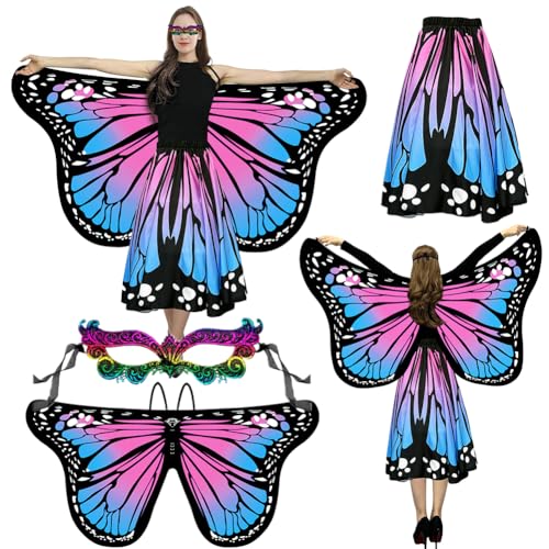 Schmetterling Kostüm Damen, Faschingskostüme Damen Umhang, Mit Maske, Kostüm Schmetterling Damen Schmetterlingsflügel Erwachsene Doppelseitiger Druck, Für Karneval,Fasching,Mottoparty (Blau + Rosa) von Fouvin