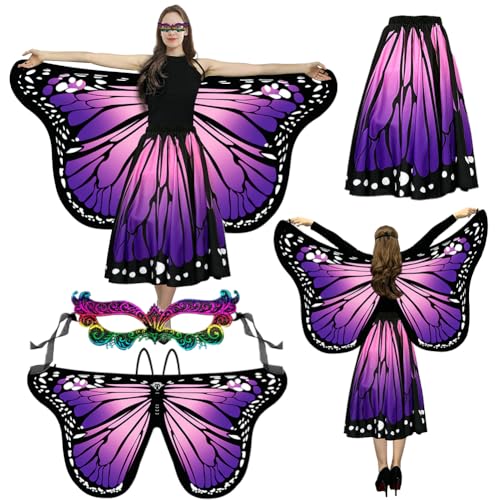 Fouvin Schmetterling Kostüm, Faschingskostüme Damen Umhang, Mit Maske, Kostüm Schmetterling Damen Schmetterlingsflügel Erwachsene Doppelseitiger Druck, Für Karneval,Fasching,Mottoparty (Lila + Rosa) von Fouvin