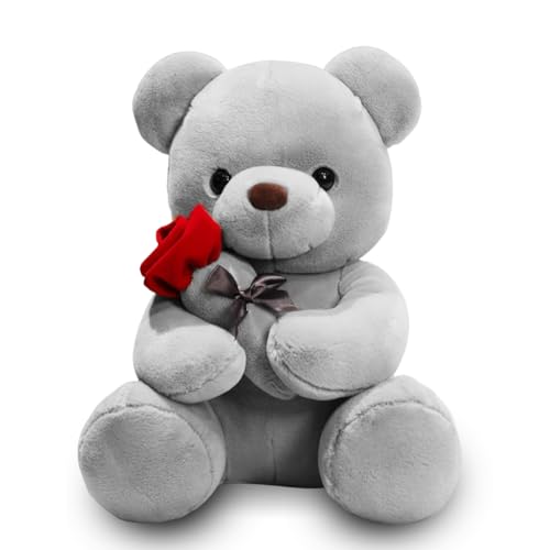 Teddybär, Plüsch-Bär, Teddy mit Rose, 23 cm Teddybären Rose Stofftier Spielzeug Dekozimmer Kissen, Plüschtier Kuscheltier Schmusetier Geschenke für Mama, Kinder Mädchen, Geburtstag, Valentinstag(Grau) von Fouvin