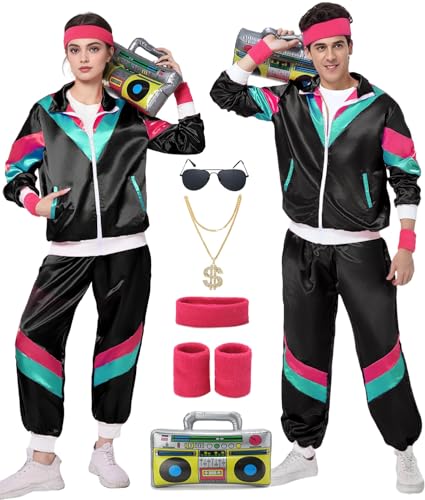 80er Jahre Outfit Herren Damen Kostüm Trainingsanzug Pop Art Retro Stil Kostüm Accessoires set mit Aufblasbares Radio Sonnenbrille Halskette Schweißband set für Mottoparty Fasching Schwarz 15XXL von Fover