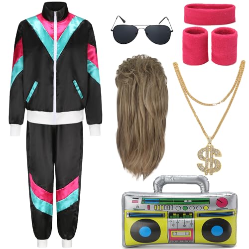 Fover 80er Jahre Outfit Herren 80er 90er Jahre Accessoires Damen Kostüm Trainingsanzug Pop Art Retro Stil mit Perücke Aufblasbares Radio Schweißband für Mottoparty Fasching Schwarz 027M von Fover