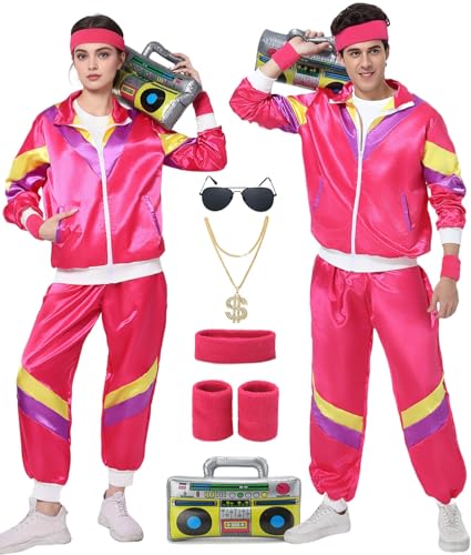 Fover 80er Jahre Outfit Herren Damen Kostüm Trainingsanzug Pop Art Retro Stil Kostüm Accessoires set mit Aufblasbares Radio Sonnenbrille Halskette Schweißband set für Mottoparty Fasching Rosa 14S von Fover