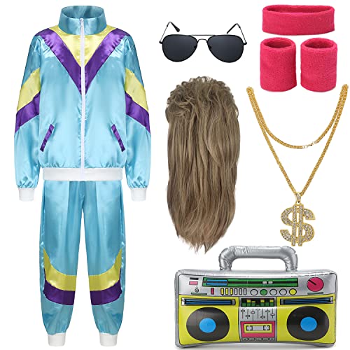 Fover 80er Jahre Outfit Herren Damen Kostüm Trainingsanzug Pop Art Retro Stil Kostüm Accessoires set mit Aufblasbares Radio Sonnenbrille Halskette Schweißband für Mottoparty Fasching Blau 09S von Fover