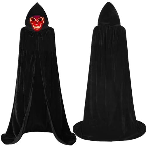 Fover Sensenmann Kostüm Umhang mit Kapuze mit Horror EL Maske Halloween Skelett Kostüm Umhang Set für Damen Herren Vampir Umhang Mittelalter Kapuzenumhang Grimm Reaper Kostüm Samt Schwarz FR020XL von Fover