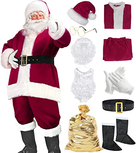 Fover Weihnachtsmann Kostüm für Männer 10-teiliges Nikolauskostüm Santa Claus Verkleidung für Weihnachten Weinrot Samt Anzug Weihnachts Cosplay Set 04XXL von FOVER