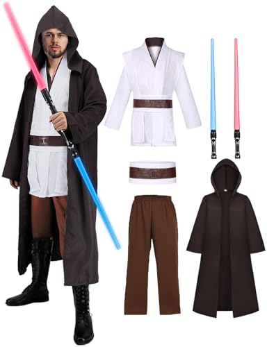 Jedi Kostüm für Herren mit Blau Lightsaber Obi Wan Kenobi Tunika Kapuzenmantel Outfit Umhang mit Kapuze Mittelalterlich Hoodies Jedi Robe Halloween Karneval Cosplay Set für Erwachsene FR022M von Fover