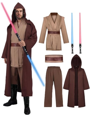 Jedi Kostüm für Herren mit Blau Lightsaber Obi Wan Kenobi Tunika Kapuzenmantel Outfit Umhang mit Kapuze Mittelalterlich Hoodies Jedi Robe Halloween Karneval Cosplay Set für Erwachsene FR023M von Fover