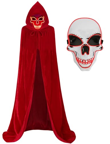 Umhang mit Kapuze Unisex und EL Skelett Kostüm Maske Halloween Kostüm Set für Damen Herren Vampir Umhang Mittelalter Kapuzenumhang Grimm Reaper Kostüm Samt Rot FR021M von Fover