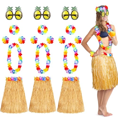 Fovths 3 Sets hawaiianischer Hula-Grasrock mit Ananas-Brille, Girlande, Halskette, Armband, Kostümzubehör-Set für Damen und Herren, Sommer, tropische Party-Dekorationen von Fovths