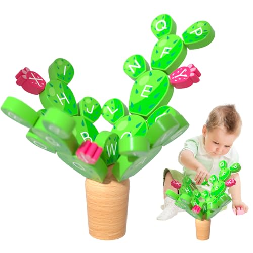Foway BALIG Cactus -Spielzeug, Kaktus -Stapel -Spielzeug,Holzkaktus -Babyspielzeug mit Alphabetdesign | Bildungsgebäudezweige für Kinder im Alter von 3 bis 8-, Mädchen, Mädchen von Foway