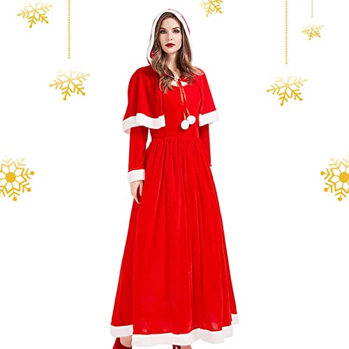 Foway Erwachsenes Miss-Weihnachtsmann-Kleid | Weihnachtsmann mit Umhang 2-teilig,Langarm-Weihnachtsmann-Weihnachtskostüm für Damen mit Umhang als Geschenk zum Abschlussball von Foway