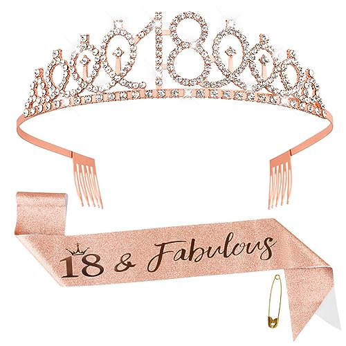 Fowecelt 18. Geburtstag Schärpe Tiara - Roségold Geburtstag Königin Tiara und Schärpe für Frauen, Strass Kronen Kit für 18 Geburtstag Geschenke, Kristall Tiara Satin Schärpe für 18 Geburtstag Party von Fowecelt