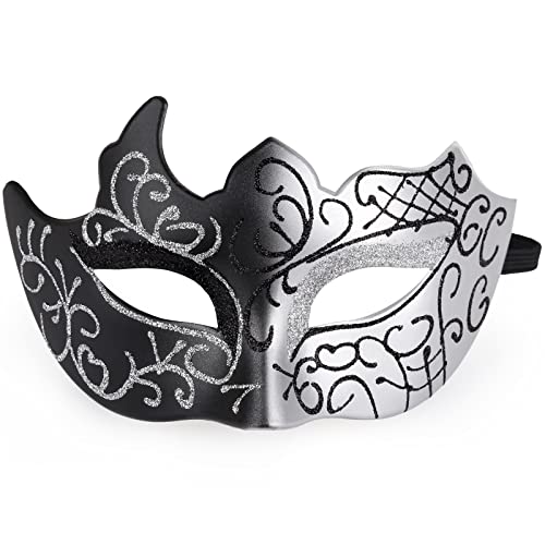 Fowecelt Venezianische Maske Damen Karneval: Maske Maskenball Cosplay Fasching Verkleidung Masquerade Mask Karneval Venedig Kostüm Party für Herren und Damen Schwarz Silberfarben von Fowecelt