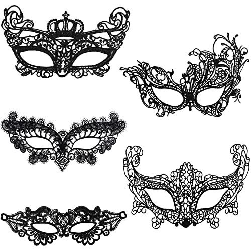 Fowecelt Venezianische Maske Damen Maskenball: 5 Stück Maskenball Maske Damen, Augenmaske Sexy Maske Spitze Schwarz Masquerade Mask Women für Karneval Party Kostüm Ball von Fowecelt