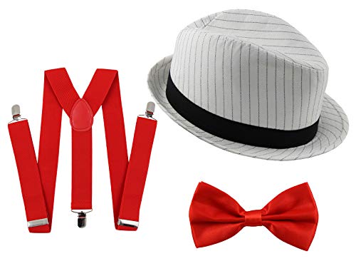 20er Jahre Gangster Kostüm Set für Herren I Hut - Hosenträger - Fliege I Rot - Weiß I 1920er Mafia Accessoire Outfit 20er Jahre Gangster Kostüm Set für Herren I Hut - Hosenträger - Fliege I Rot - Weiß I 1920er Mafia Accessoire Outfit von Foxxeo