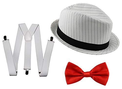 20er Jahre Gangster Kostüm Set für Herren I Hut - Hosenträger - Fliege I Weiß - Rot I 1920er Mafia Accessoire Outfit 20er Jahre Gangster Kostüm Set für Herren I Hut - Hosenträger - Fliege I Weiß - Rot I 1920er Mafia Accessoire Outfit von Foxxeo