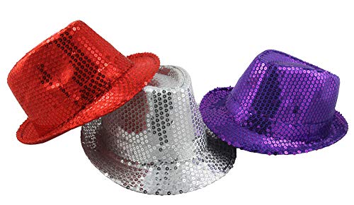 3x Pailletten Hüte - Rot Silber Lila - für Damen Herren Fasching Karneval Hut Partyhut Trilby Fedora von Foxxeo