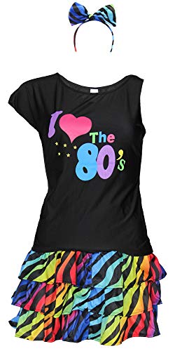 80er Jahre Damen Kostüm - buntes Tutu Haarreif und schwarzes neon Shirt - Größe S-XXL - Ballet Fasching Karneval Tüll Rock kurz, Größe:S von Foxxeo