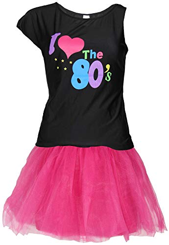 80er Jahre Damen Kostüm - pinkes Tutu und schwarzes neon Shirt - Größe S-XXL - Ballet Fasching Karneval Tüll Rock kurz, Größe:L von Foxxeo