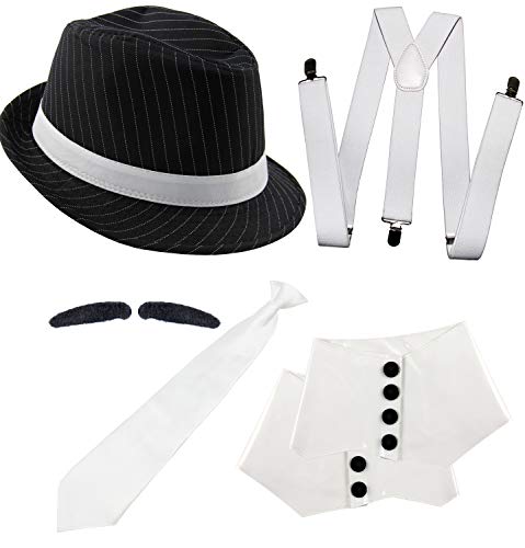 Foxxeo 20er Jahre Gangster Kostüm Set für Herren - Hosenträger Krawatte Hut Gamaschen Bart – für Fasching Karneval Motto-Party von Foxxeo