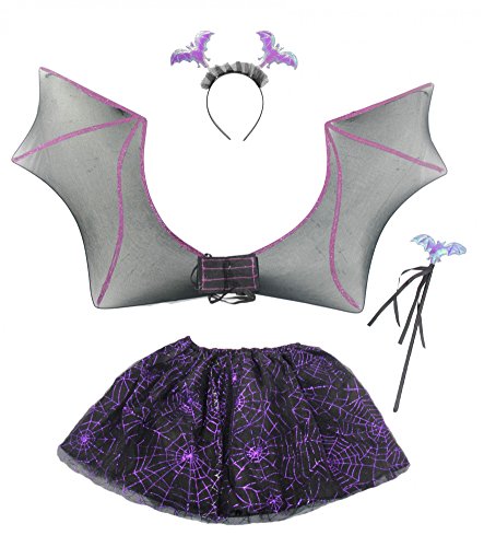 Fledermaus Kostüm für Kinder - Flügel, Tutu, Haarreif, Zepter - Halloween Horror Karneval Fasching Kostüme Mädchen lila schwarz von Foxxeo