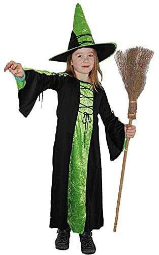 Foxxeo langes grün schwarzes Hexen Kostüm mit Hexenhut für Mädchen Fasching Karneval Halloween Größe L von Foxxeo