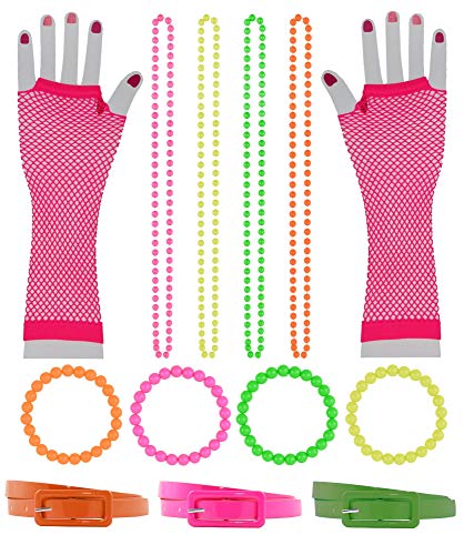 Foxxeo 13 teiliges 80er Jahre Neon Damen Kostüm Set für Fasching & Karneval - Netzhandschuhe, Gürtel, Armbänder, Ketten von Foxxeo