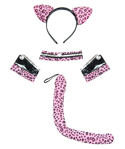 Foxxeo 35306 | schwarz pinkes Leoparden Kostüm Set für Damen | Haarreif, Halsband, 2 Armbänder und Schwanz | Leopard Katze Katzenkostüm Leopardenkostüm schwarz Katzenschwanz Ohren Schwanz Tierkostüm von Foxxeo
