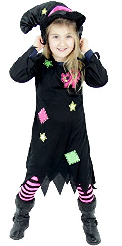 pink schwarzes Hexen Kostüm mit Hexenhut für Mädchen Kinder Fasching Karneval Halloween Flicken Größe 86-92 von Foxxeo
